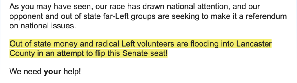 Josh Parsons fundraising note in SD-36 race